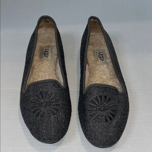 UGG-8- Gray Cozy Slippers with Fleece Lining, leather, sheepskin, flats.